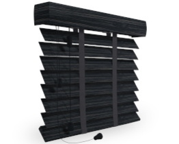 Persianas venecianas de madera negra con cenefa y laterales.
